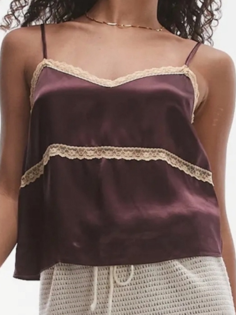 Topshop Womens Silky Satin Camisole Sz 10 Dark Brown Floral Lace Adj. Straps
